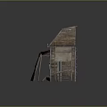 Weathered Wooden House Featuring Rusty Corrugated Iron Roof Cloth Curtain And Wooden Ladder Structure