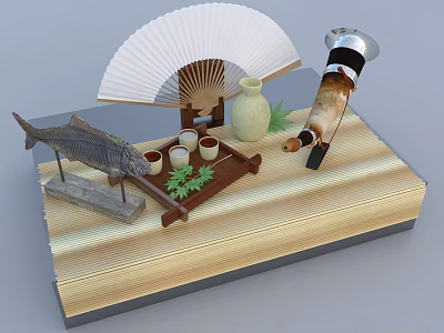 Traditional Decorative Ornament Set Featuring White Fan Fish Vase Tea Cups Bamboo Tube Tray 3d model