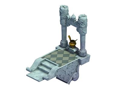 Ancient Stone Architectural Structure With Two Carved Pillars Checkerboard Platform And Golden Incense Burner Steps 3d model