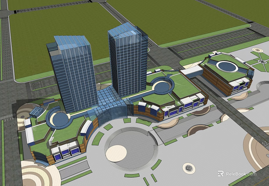 Modern Commercial Complex Featuring Tall Buildings Open Plaza And Green Rooftops 3d model 