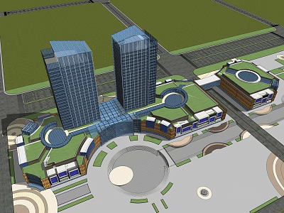 Modern Commercial Complex Featuring Tall Buildings Open Plaza And Green Rooftops 3d model