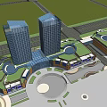 Modern Commercial Complex Featuring Tall Buildings Open Plaza And Green Rooftops