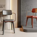 Modern Designer Dining Chairs With Gray And Red Leather Seats Metal Frames And Wooden Legs