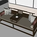 Modern Chinese Luohan Bed With Light Colored Cushions And Wooden Tea Table