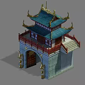 Traditional Chinese Gate Tower With Blue Roof Red Railings Golden Ornaments And Stone Steps