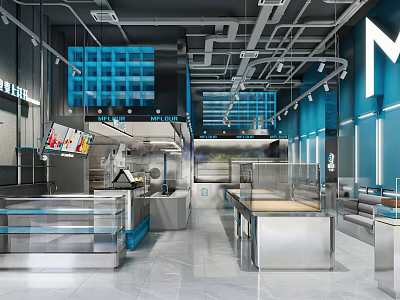 Modern Dessert Shop Interior With Open Layout Stainless Steel Counters And Blue Accents 3d model