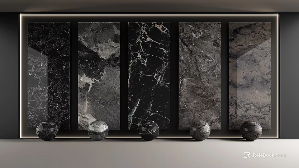 Luxury Marble Wall Panels With Various Dark Tones Natural Patterns And Decorative Spheres 3d model 