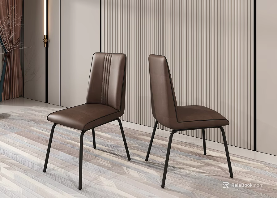 Brown Leather Dining Chairs With Striped Backrest And Black Metal Legs In Modern Interior 3d model 