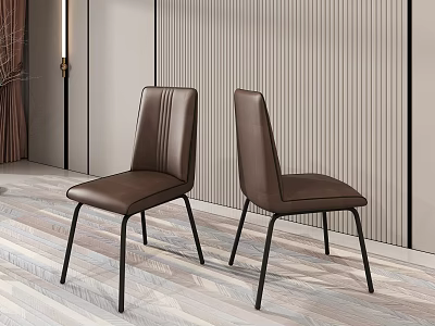 Brown Leather Dining Chairs With Striped Backrest And Black Metal Legs In Modern Interior 3d model