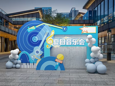 Summer Concert Backdrop with Inflatable Vinyl Record Guitar Music Notes and Star Balloons 3d model