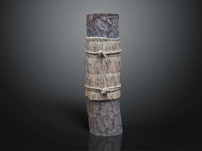 Handmade Rustic Wooden Column with Natural Bark Texture and Straw Rope Wrapping 3d model