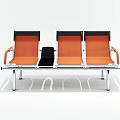 Sleek Three Seat Public Chairs with Orange Seats and Metal Frame Armrests