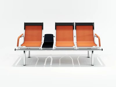 Sleek Three Seat Public Chairs with Orange Seats and Metal Frame Armrests 3d model