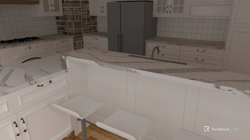 Modern Open Kitchen Interior With Marble Island Counter Cabinets And Refrigerator 3d model 