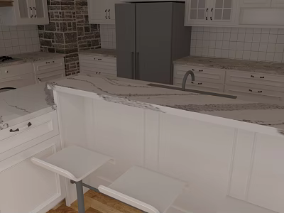 Modern Open Kitchen Interior With Marble Island Counter Cabinets And Refrigerator 3d model