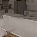 Modern Open Kitchen Interior With Marble Island Counter Cabinets And Refrigerator