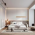 Modern Minimalist Bedroom Interior With Bed Nightstand Pendant Lights And Decorative Pillows
