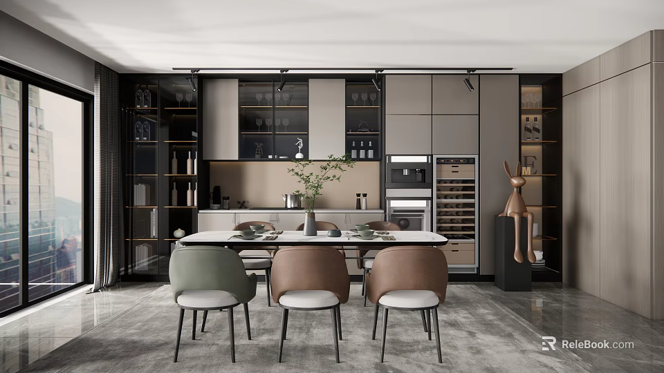 Modern Restaurant Interior With Open Design Dining Table Chairs Cabinets And Appliances 3d model