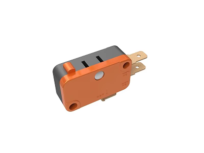 Micro Switch Orange And Black Plastic Housing With Metal Pins And Round Button 3d model