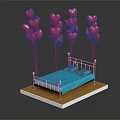 Black Bed Frame With Gold Decorative Balls Blue Mattress On Wooden Platform Red Balloons Above