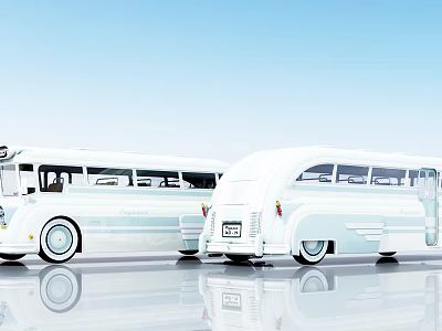 Vintage Style White Buses Parked On Smooth Surface With Reflections And Blue Sky Background 3d model