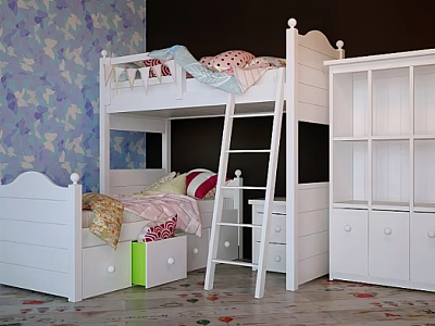 White Bunk Bed With Colorful Quilts On Lower Bunk Drawer Nightstand And Floral Wallpaper 3d model