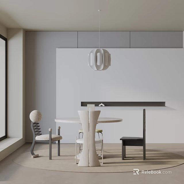 Minimalist Dining Table Set With Round Table Chairs Pendant Light And Light Colored Walls 3d model 