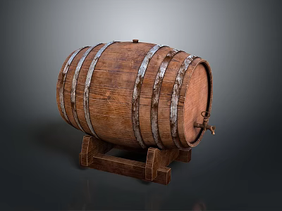 Traditional Wooden Barrel With Metal Hoops And Wooden Stand Tap 3d model