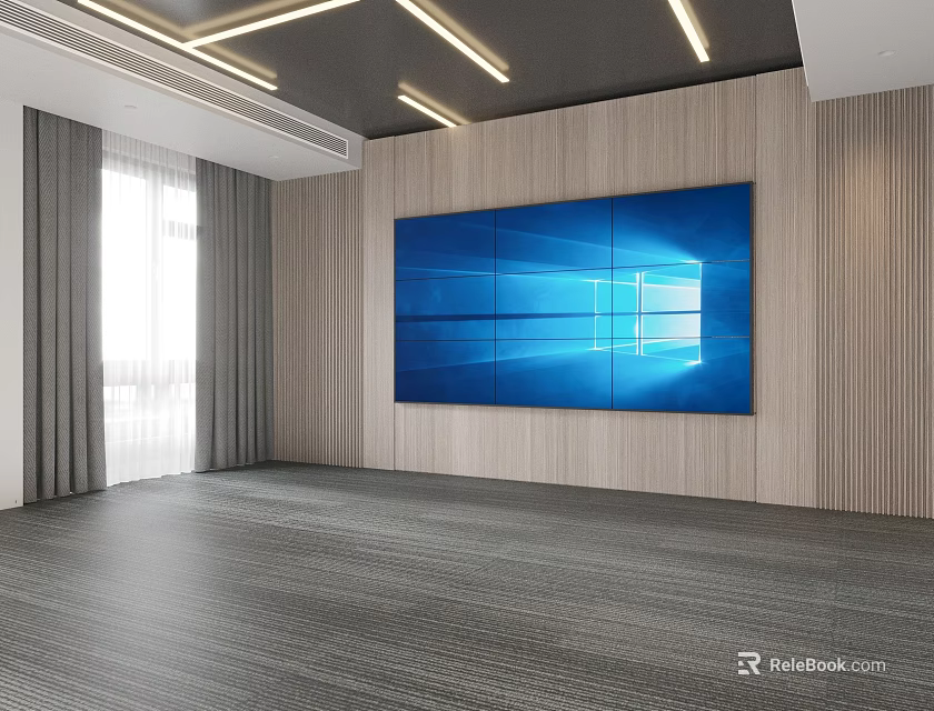 Modern Room Interior With Large Blue Screen Wooden Wall Panels Gray Floor And Ceiling Lights 3d model 