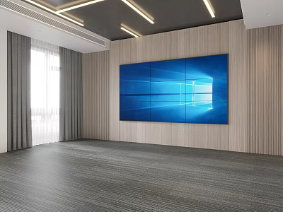 Modern Room Interior With Large Blue Screen Wooden Wall Panels Gray Floor And Ceiling Lights 3d model
