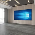 Modern Room Interior With Large Blue Screen Wooden Wall Panels Gray Floor And Ceiling Lights