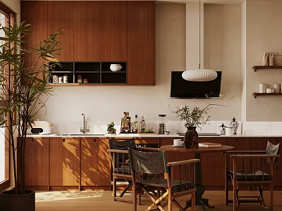 Cozy Restaurant Interior With Wooden Cabinets Round Dining Table Chairs Plant And Pendant Light 3d model