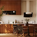 Cozy Restaurant Interior With Wooden Cabinets Round Dining Table Chairs Plant And Pendant Light