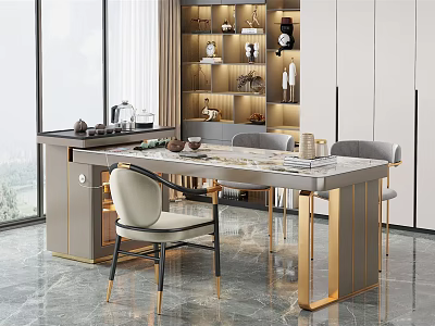 Modern Luxury Tea Table and Chairs with Marble Top Grey Seats and Gold Legs 3d model