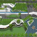 Modern Pergola in Landscape Design with Greenery Water Features and Pathways 3d model