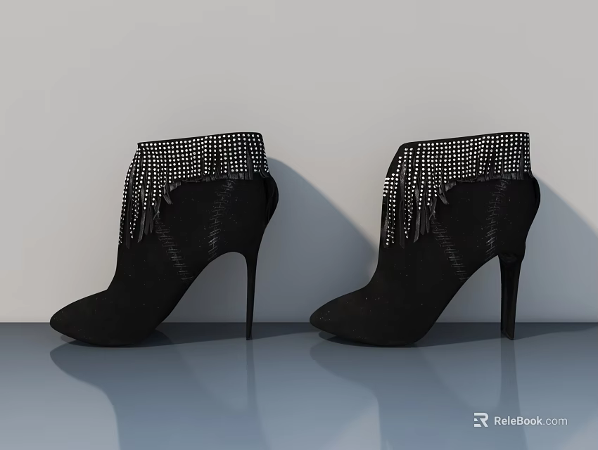 Black High Heel Ankle Boots With Mesh Design And Stiletto Heels On Reflective Floor 3d model 