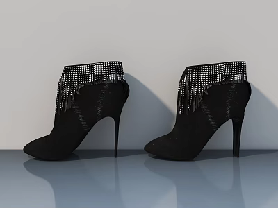 Black High Heel Ankle Boots With Mesh Design And Stiletto Heels On Reflective Floor 3d model