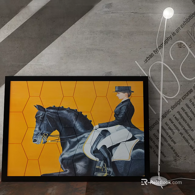 Animal Painting of Black Horse with Rider on Yellow Hexagonal Pattern Background Framed Decorative Artwork 3d model 
