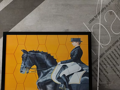 Animal Painting of Black Horse with Rider on Yellow Hexagonal Pattern Background Framed Decorative Artwork 3d model