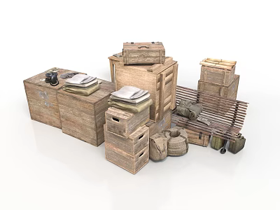 Daily Necessities Including Wooden Boxes Cabinets Sacks Vintage Cameras And Books Stacked Together 3d model