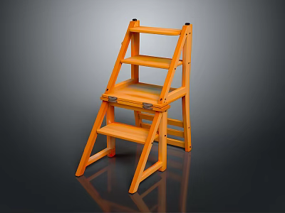 Orange Wooden Step Ladder Chair With Four Steps And Stable Design For Home Use 3d model