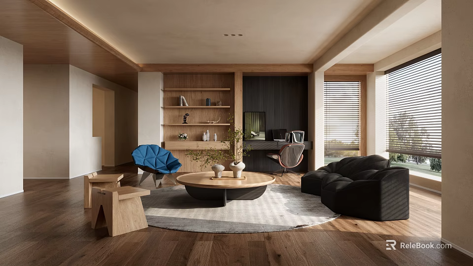 Modern Living Room With Wooden Bookshelf Blue Accent Chair Black Sofa And Round Coffee Table 3d model 