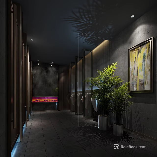 Modern Public Restroom Interior With Stalls Lighting Green Plants And Decorative Art 3d model 