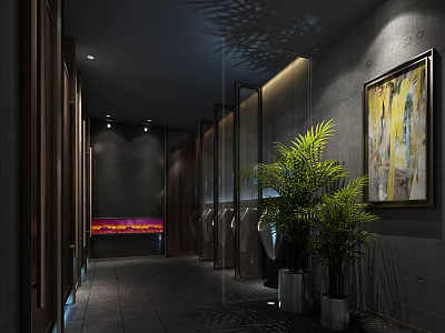 Modern Public Restroom Interior With Stalls Lighting Green Plants And Decorative Art 3d model