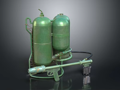 Green Twin Gas Cylinder Weapon With Spray Gun Stand And Connected Hose 3d model