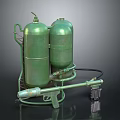 Green Twin Gas Cylinder Weapon With Spray Gun Stand And Connected Hose