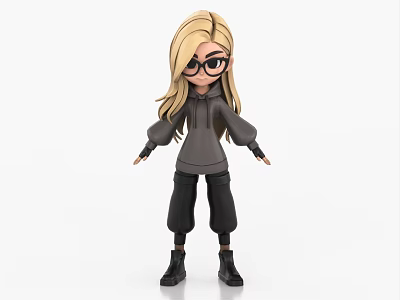 Cartoon Style Woman with Blonde Hair Glasses Wearing Gray Hoodie Black Pants Black Boots 3d model