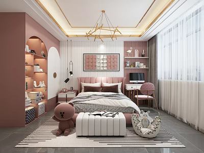 Kids Room Interior With Soft Pink Walls Arched Shelves White Bed Stuffed Bear Striped Rug Chandelier 3d model