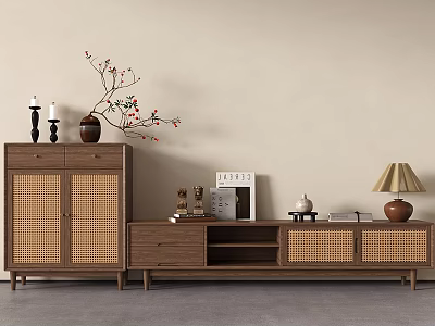 Natural Wooden TV Stand With Woven Doors Side Cabinet Storage And Decorative Vases Table Lamp 3d model