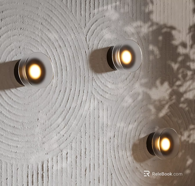Three Round Glass Wall Lamps on Textured White Wall with Warm Light and Leaf Shadows 3d model 